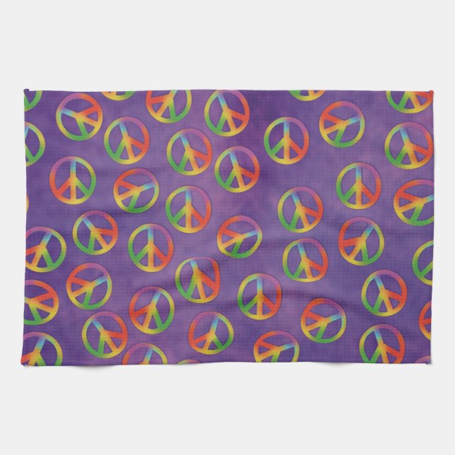 Tie Dye Peace Signs On Purple Tea Towel (Horizontal)