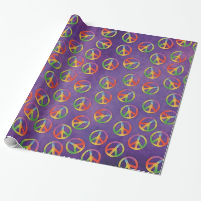 Tie Dye Peace Signs On Purple Wrapping Paper (Unrolled)