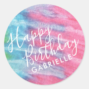 Tie Dye Pink Happy Birthday Personalized Classic Round Sticker