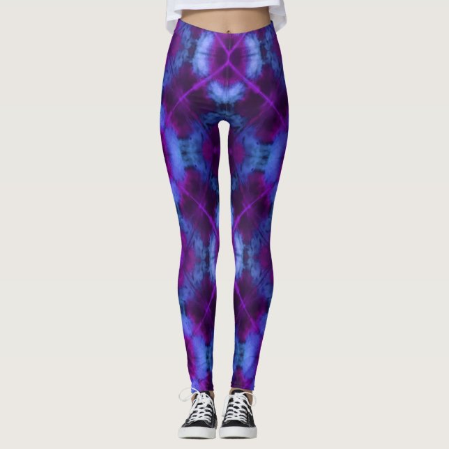 Tie-Dye Plaid in Magenta Purple and Blue Leggings (Front)