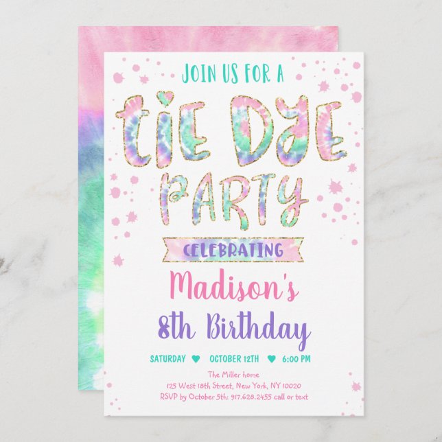 Tie Dye Rainbow Boho Hippie Girls Birthday Invitation (Front/Back)