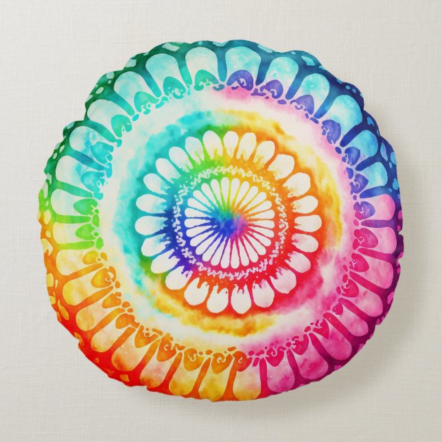 Tie Dye Rainbow Colours Retro Hippie Groovy  Round Cushion (Front)