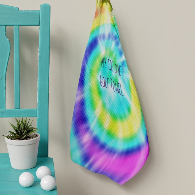 Tie Dye Rainbow Hippie Psychedelic 70s Golf Towel (Travel to another dimension where you get a hole in one in every single shot. Just add your name)