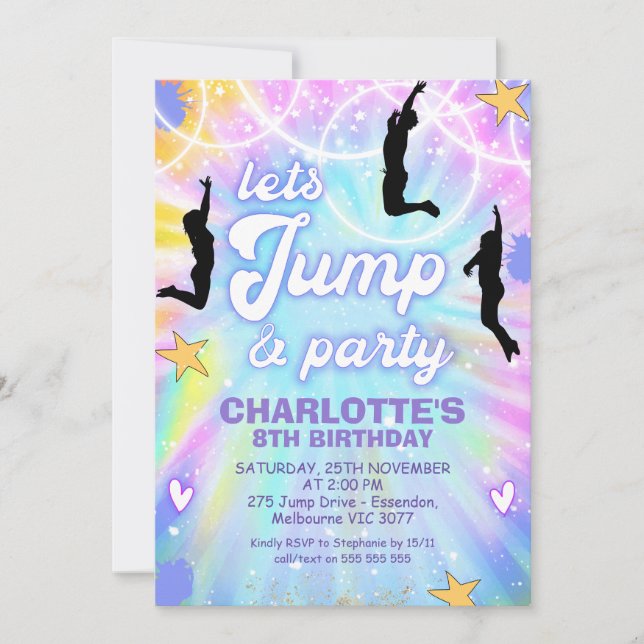 Tie Dye Retro Jump and Play Birthday Invitation (Front)