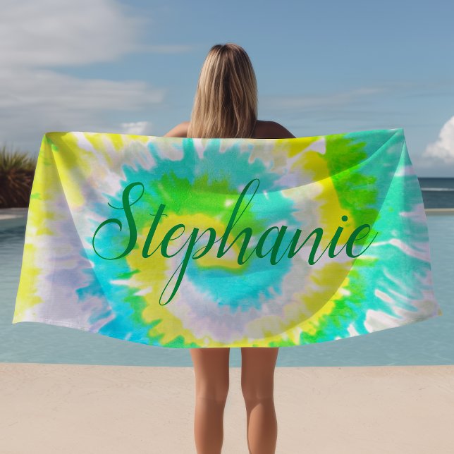 Tie Dye Swirl Yellow Blue Green Personalised Beach Towel (Creator Uploaded)