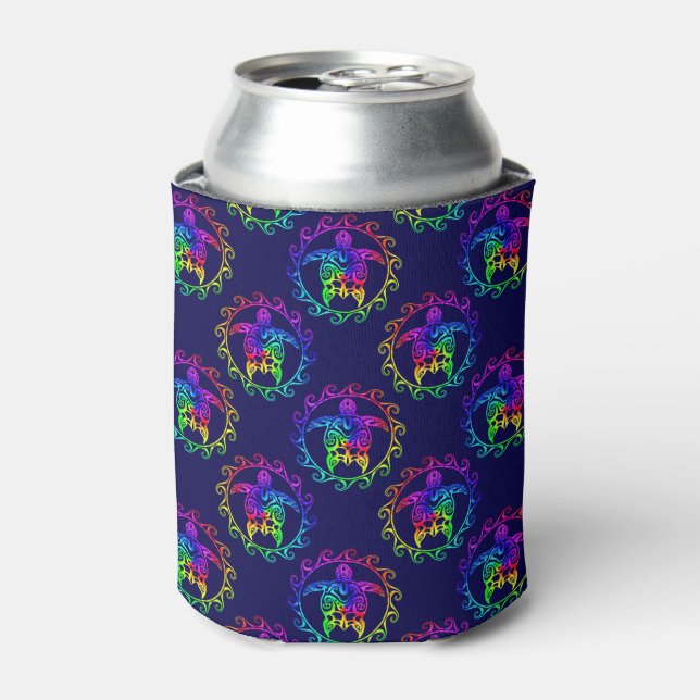 Tie Dye Tribal Turtle Moari Sun Blue Can Cooler (Can Front)