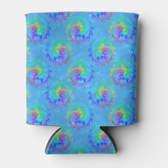 Tie Dye Tribal Turtle Moari Sun Light Blue Can Cooler (Front)