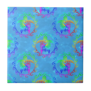Tie Dye Tribal Turtle Moari Sun Light Blue Tile