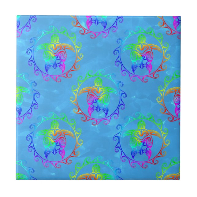 Tie Dye Tribal Turtle Moari Sun Light Blue Tile (Front)