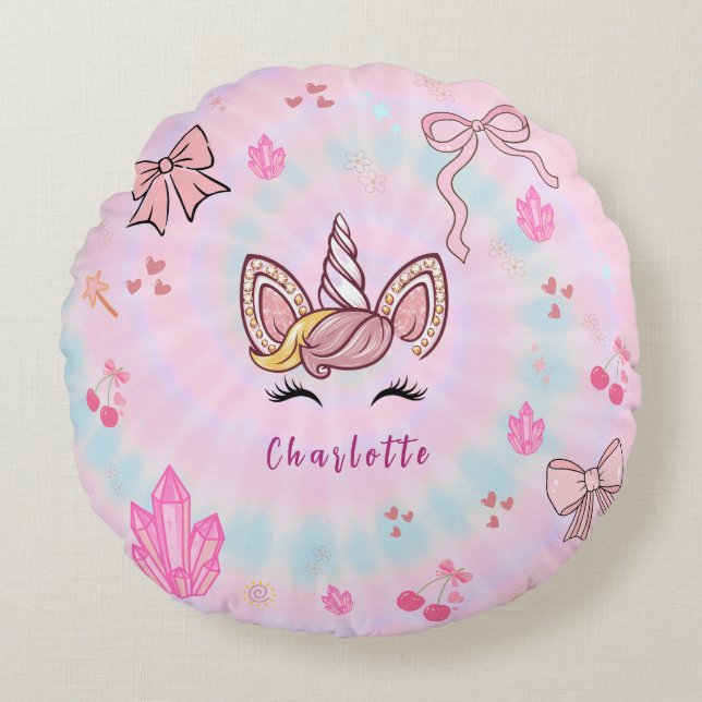  Tie Dye Unicorn Coquette Bow  Round Cushion (Front)