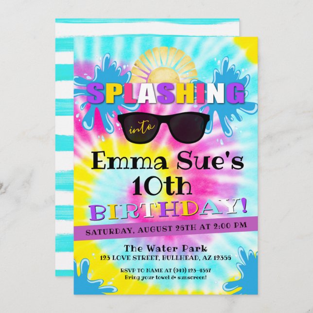 Tie Dye Water Pool Party Invitation (Front/Back)
