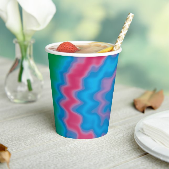 Tie dyed groovy funky retro swirl pattern cool paper cups (Insitu)