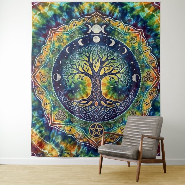 Tie Dyed Rainbow Tree Of Life Tapestry (In Situ)