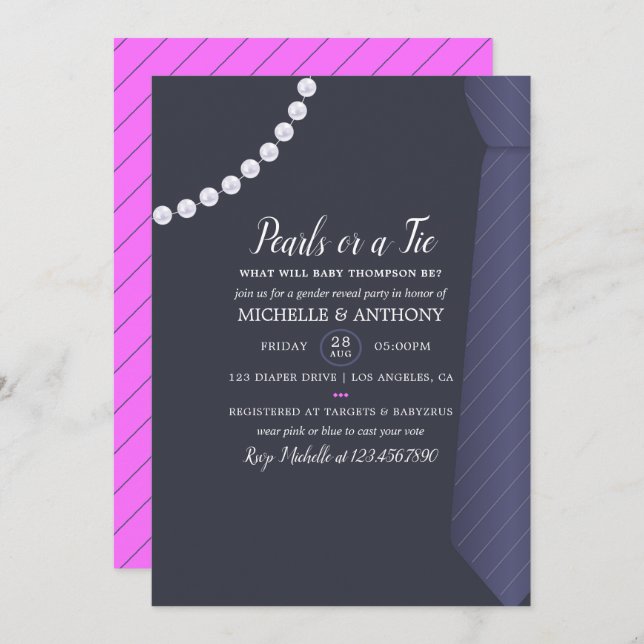 Tie or Pearl Gender Reveal Party Invitation (Front/Back)