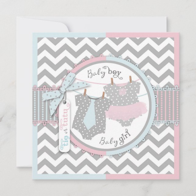 Tie or Tutu & Chevron Print Gender Reveal Party Invitation (Front)