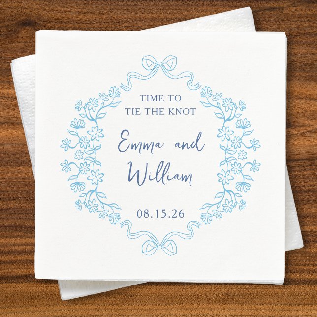  "Tie the Knot" Bow & Floral Design Custom Wedding Napkin (Charming 'Time to Tie the Knot' wedding napkins with floral and bow design, customizable and elegant)