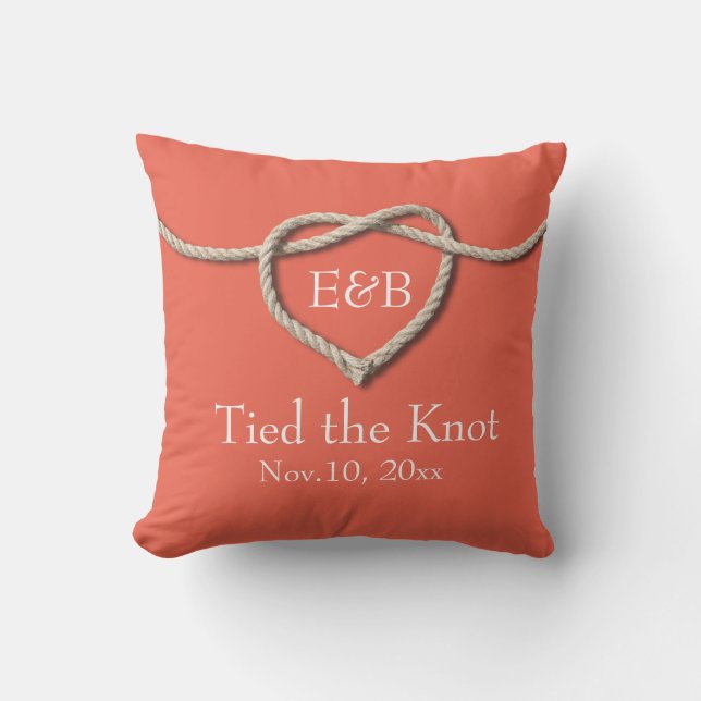 Tie the Knot Coral Burlap Outdoor Wedding Pillow (Front)