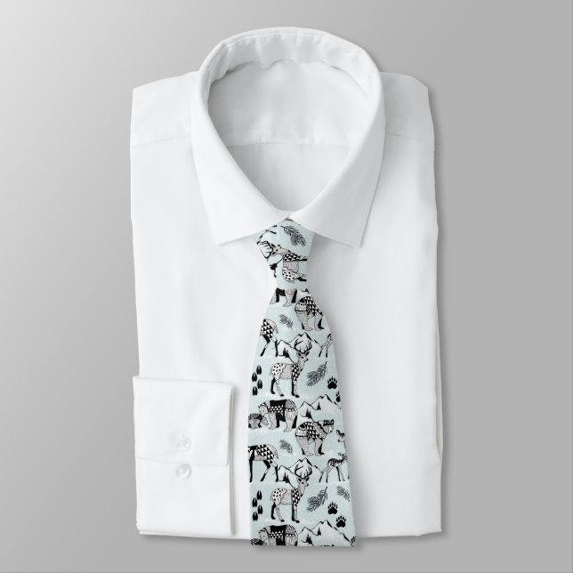 Tie Tribal Woodland Bears, Deer,  Black Aqua Blue (Tied)