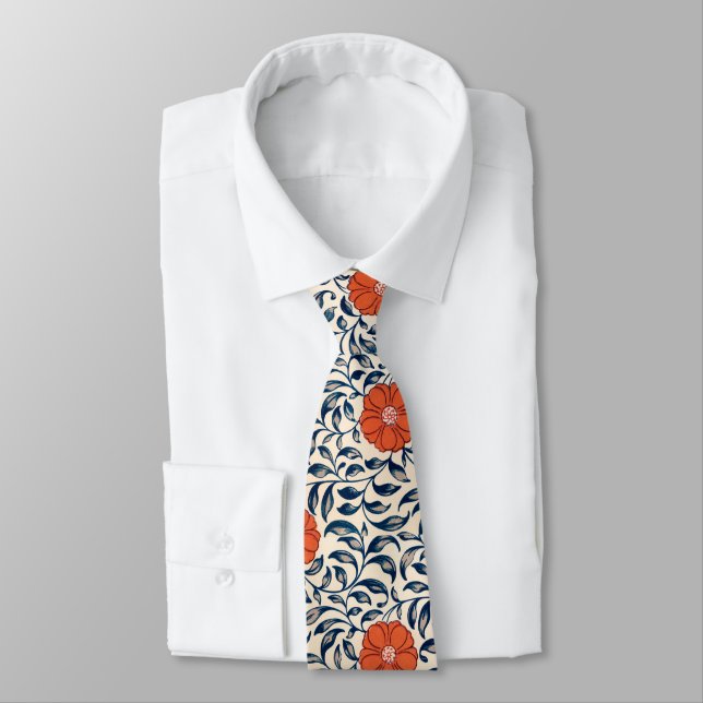 Tie with black and red floral pattern (Tied)
