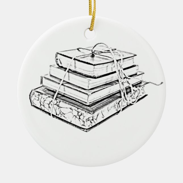 Tied Stacked Books Vintage Sketch Illustration  Ceramic Tree Decoration (Front)