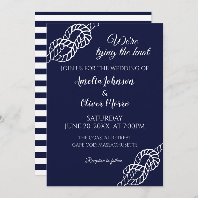 Tied The Knot Nautical Rope White Navy Wedding Invitation (Front/Back)