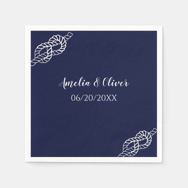 Tied The Knot Nautical Rope White & Navy Wedding Napkin (Front)