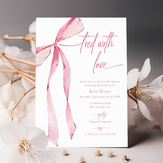 Tied With Love Watercolor Pink Bow Bridal Shower Invitation (Creator Uploaded)