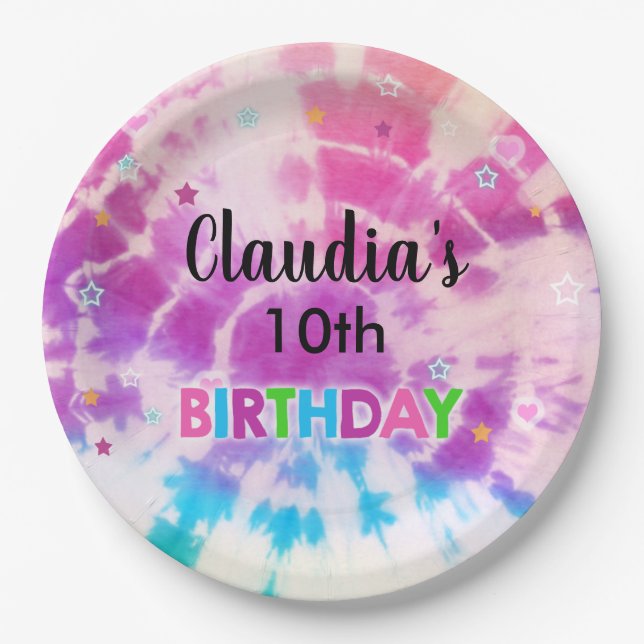 Tiedye girl birthday customised paper plate. paper paper plate (Front)