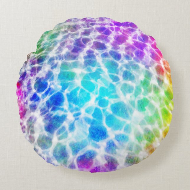 Tiedye Hippie Wavy Rainbow Effect Round Cushion (Front)