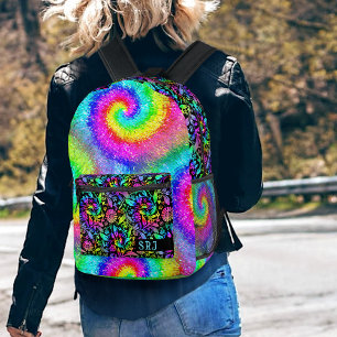 Tiedye Psychedelic Retro Hippie Flowers Monogram Printed Backpack