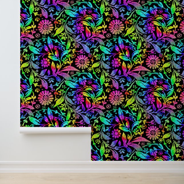 Tiedye Retro Hippie Flower Pattern Colourful Flora Wallpaper (Application)