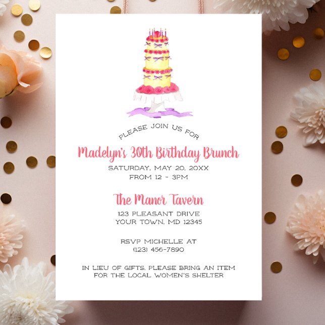 Tiered Cake Pink Stripe Birthday Invitation Postcard (Creator Uploaded)