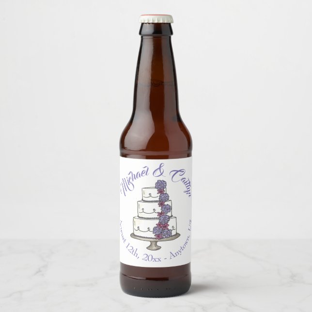 Tiered Purple Floral Wedding Cake Bridal Shower Beer Bottle Label (Front)