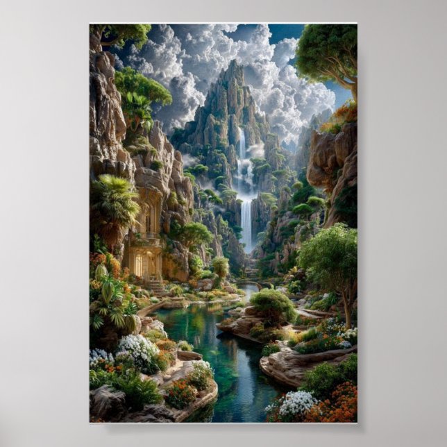 Tiered Waterfall Fantasy Mountain – Ancient Castle Poster (Front)