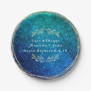 Tiffany Aqua Ocean Gold Floral Glitter Wedding Paper Plate