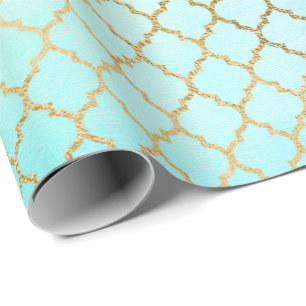 Tiffany Aqua Pastel Ombre Gold Pink Quatrefoil Min Wrapping Paper