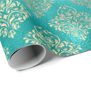 Tiffany Aquatic Blue Gold Shiny Glass Damask Wrapping Paper
