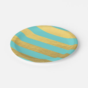 Tiffany Blue and Gold Foil Stripes Printed Paper Plate