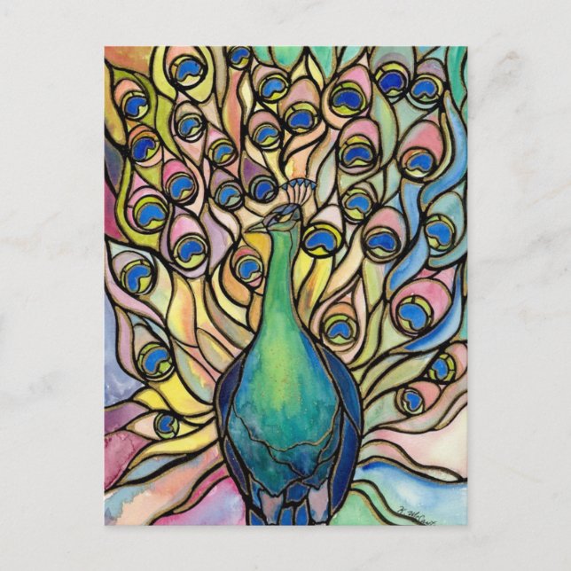 Tiffany Peacock Stained Glass style postcard (Front)