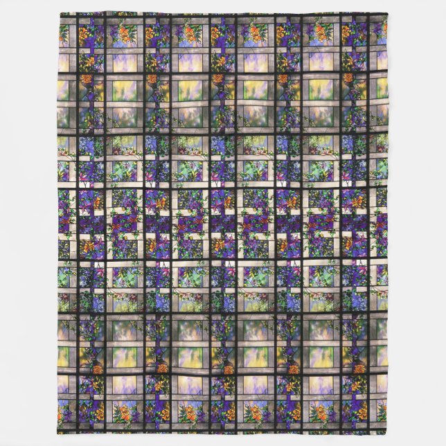 Tiffany Stained Glass Clematis Floral Flowers Fleece Blanket (Front)