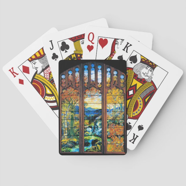 Tiffany Stained Glass Window Fall Landscape Playing Cards (Back)