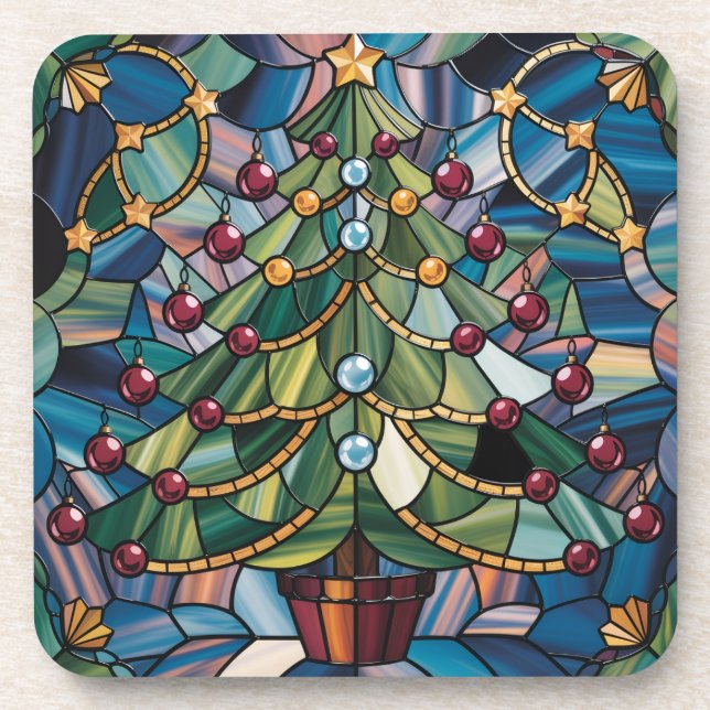 Tiffany-Style Stained Glass Christmas Tree Coaster (Front)
