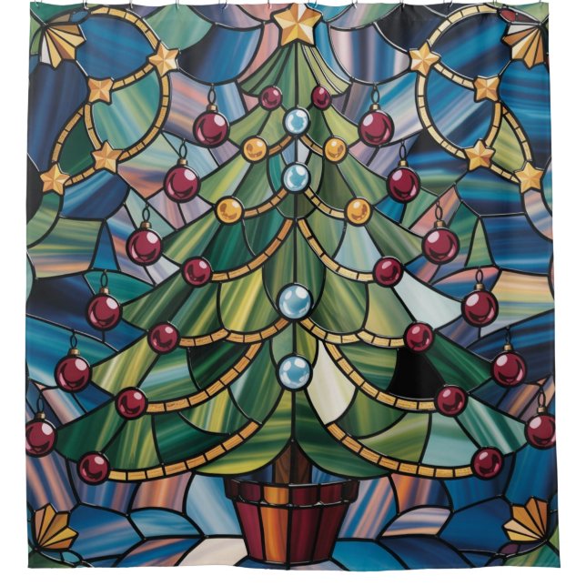 Tiffany-Style Stained Glass Christmas Tree Shower Curtain (Front)