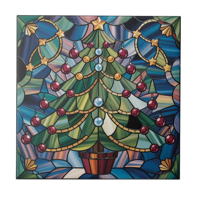 Tiffany-Style Stained Glass Christmas Tree Tile (Front)