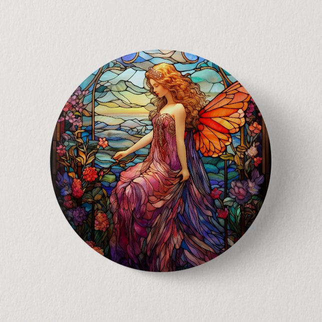Tiffany Style Stained Glass Magical Fairy 6 Cm Round Badge (Front)