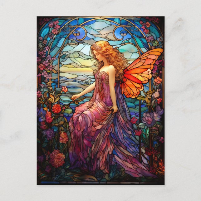 Tiffany Style Stained Glass Magical Fairy Holiday Postcard (Front)