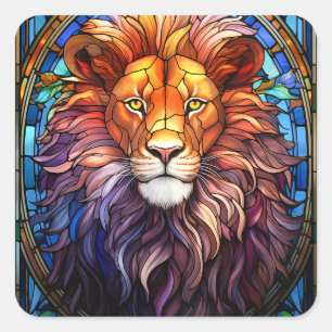 Tiffany-Style Stained Glass Majestic Lion Square Sticker