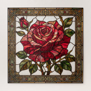 Tiffany-Style Stained Glass Red Rose Virtue Puzzle