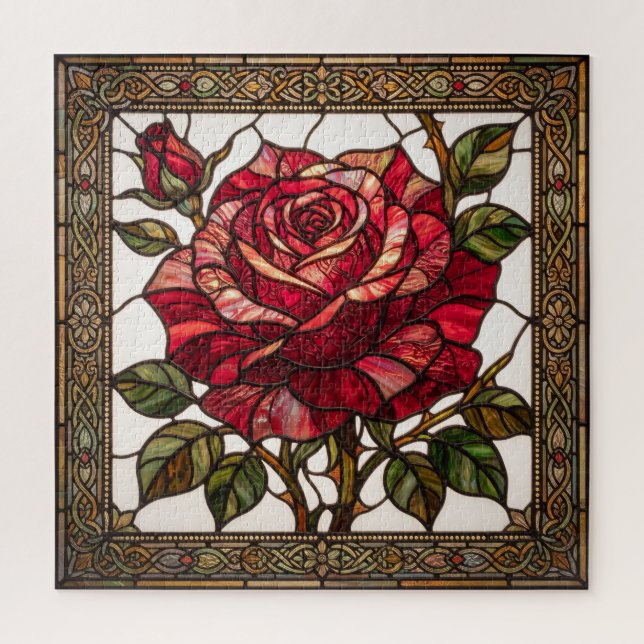 Tiffany-Style Stained Glass Red Rose Virtue Puzzle (Vertical)