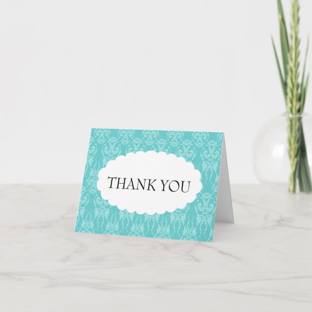 Tiffany Teal Damask Wedding Thank You Card (Front)